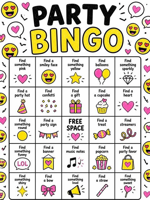 Bingo grid in the Crayon Emoji Heart Birthday Invitation design