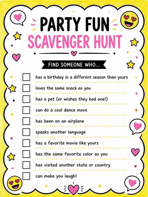 Scavenger hunt in the Crayon Emoji Heart Birthday Invitation design