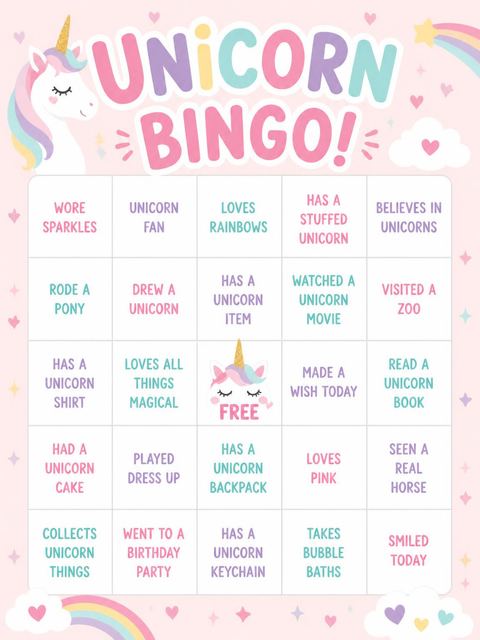 Bingo grid in the Magical Pink Unicorn Birthday design