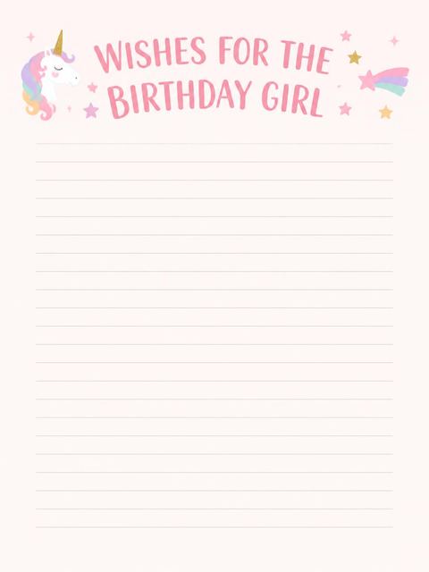 Wishes page in the Magical Pink Unicorn Birthday design
