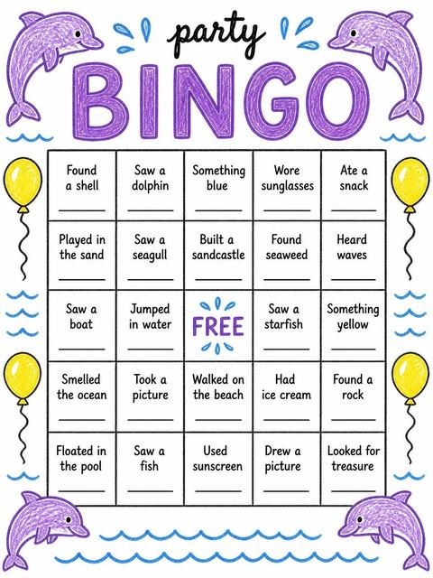 Bingo grid in the Crayon Dolphin Ocean 5th Birthday design