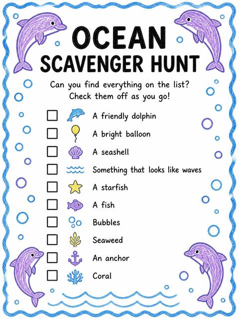 Scavenger hunt in the Crayon Dolphin Ocean 5th Birthday design