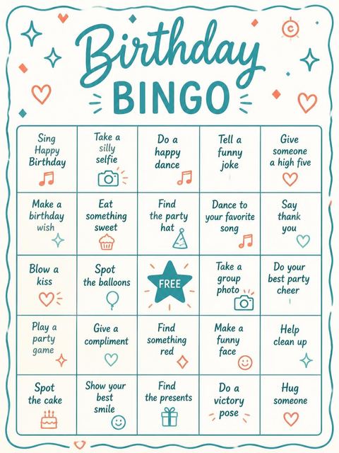 Bingo grid in the Teal and Coral Doodle 7th Birthday design