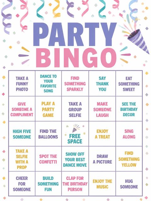 Bingo grid in the Pastel Confetti Streamer Birthday Invitation design