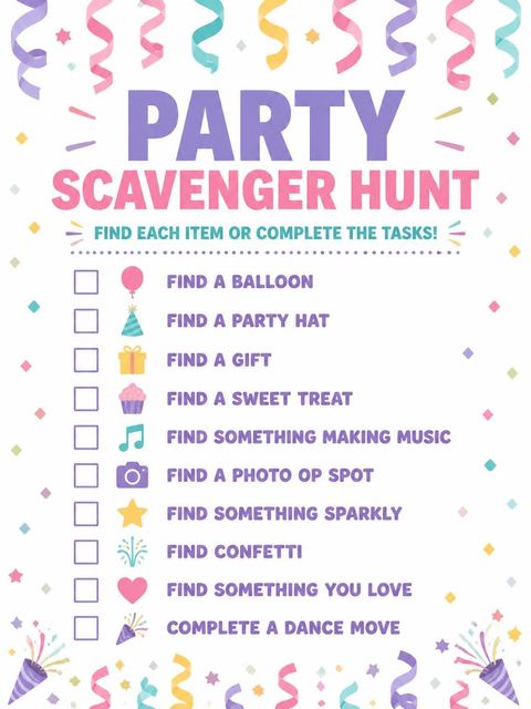 Scavenger hunt in the Pastel Confetti Streamer Birthday Invitation design