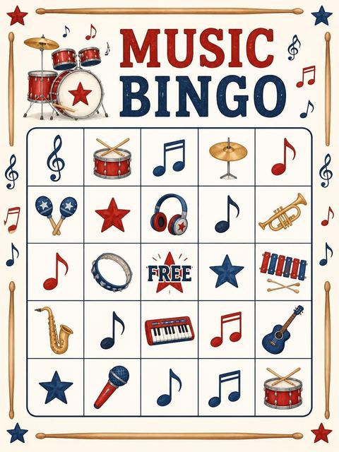 Bingo grid in the Red White Blue Drum 4th Birthday design