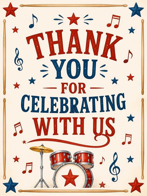 Thank-you flat in the Red White Blue Drum 4th Birthday design