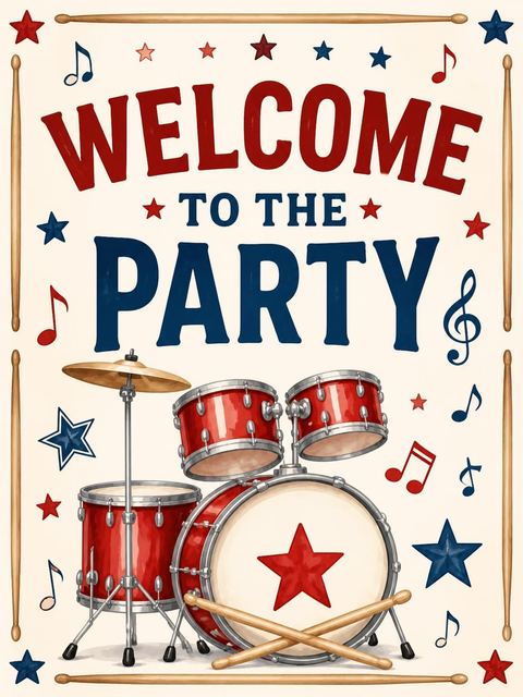 Welcome sign in the Red White Blue Drum 4th Birthday design