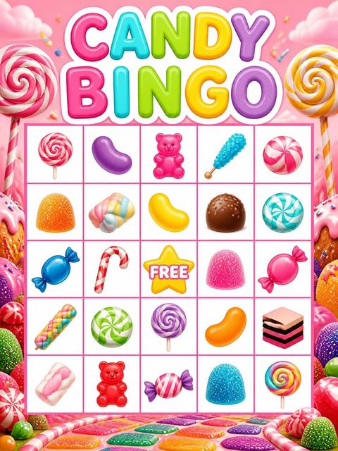 Bingo grid in the Candy Land 5th Birthday Invitation design