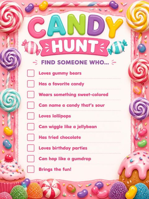 Scavenger hunt in the Candy Land 5th Birthday Invitation design