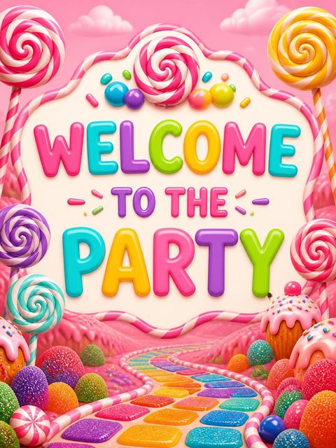 Welcome sign in the Candy Land 5th Birthday Invitation design