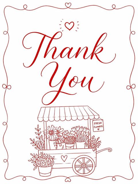 Thank-you flat in the Red Line Art Flower Market Bridal Shower design