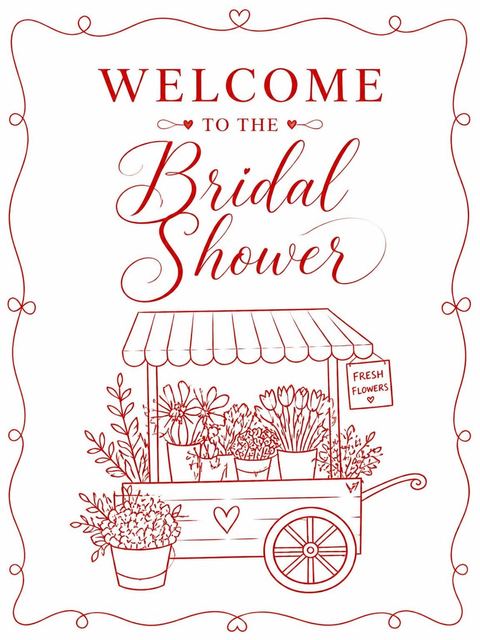 Welcome sign in the Red Line Art Flower Market Bridal Shower design