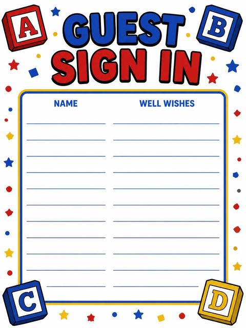 Guest sign-in sheet in the Primary Color Alphabet Block 1st Birthday design