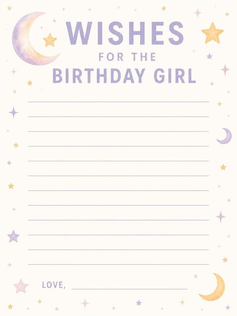 Wishes page in the Watercolor Moon and Star First Birthday design
