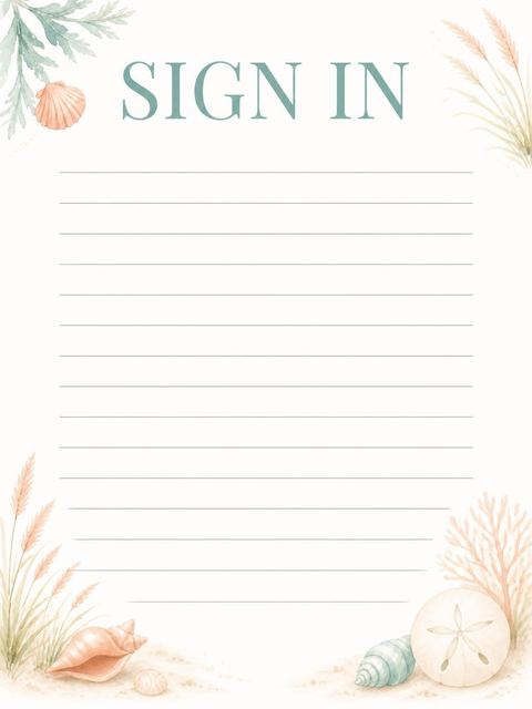 Guest sign-in sheet in the Watercolor Coastal Shore Beach Party design