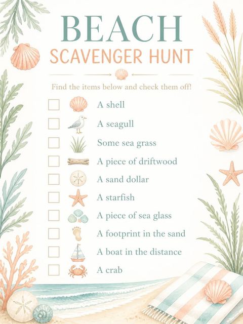 Scavenger hunt in the Watercolor Coastal Shore Beach Party design