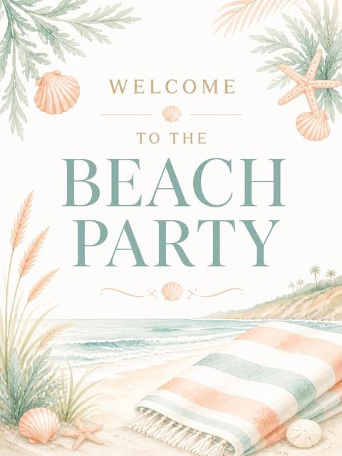 Welcome sign in the Watercolor Coastal Shore Beach Party design