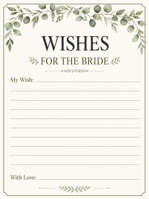Wishes page in the Watercolor Eucalyptus Leaf Bridal Shower design