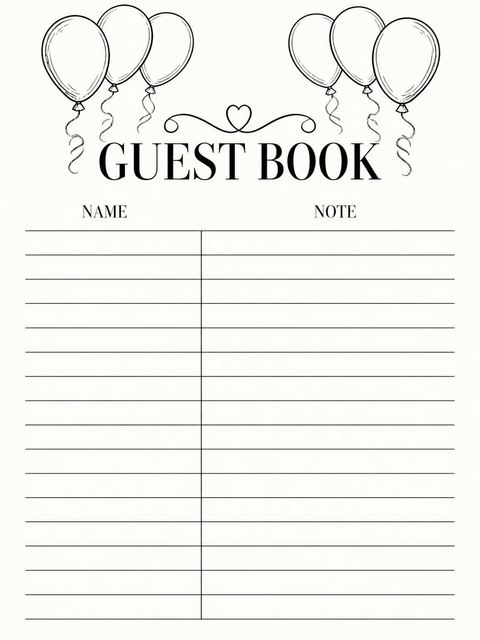 Guest sign-in sheet in the Black Ink Balloon 65th Birthday Invitation design