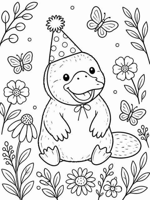 Coloring sheet in the Watercolor Platypus First Birthday Invitation design