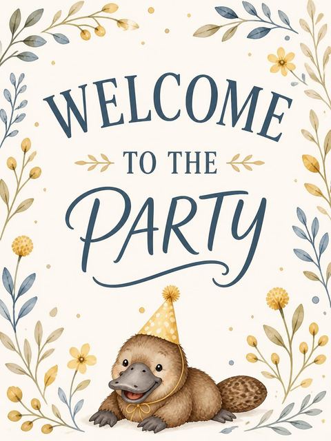 Welcome sign in the Watercolor Platypus First Birthday Invitation design
