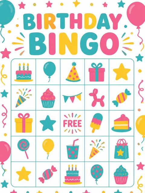 Bingo grid in the Turquoise Pink Yellow Balloon 5th Birthday design