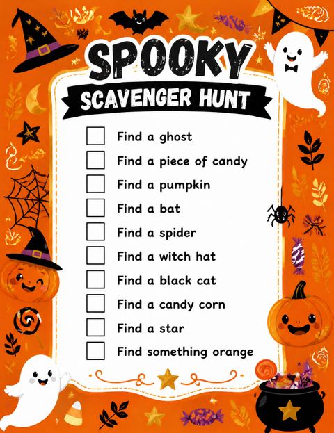 Scavenger hunt in the Orange Pumpkin Ghost Halloween Party design