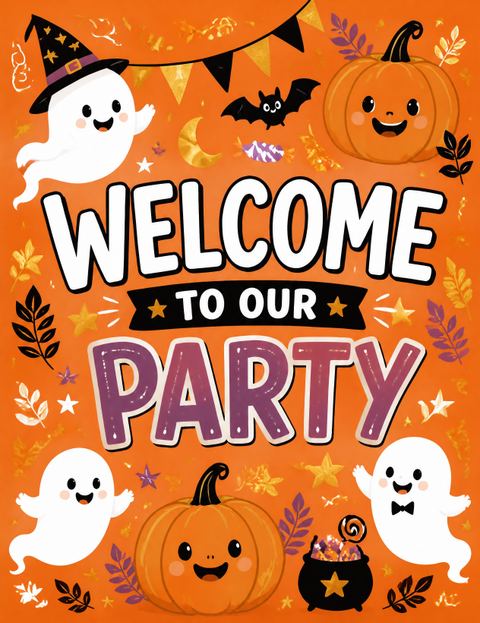 Welcome sign in the Orange Pumpkin Ghost Halloween Party design