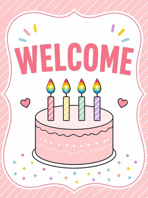 Welcome sign in the Pink Frosted Cake 4th Birthday Invitation design