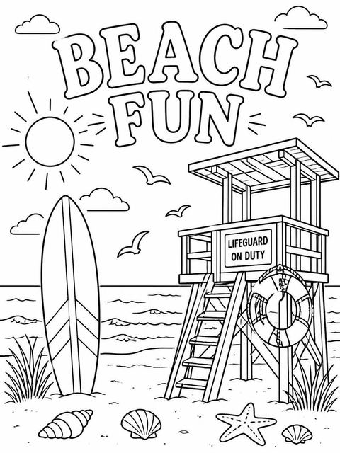 Coloring sheet in the Vintage Etched Lifeguard Beach Party design