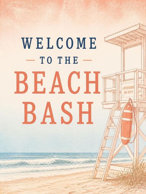 Welcome sign in the Vintage Etched Lifeguard Beach Party design