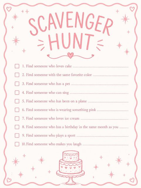 Scavenger hunt in the Pink Cake Star 4th Birthday Invitation design