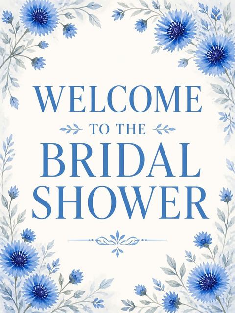 Welcome sign in the Blue Watercolor Cornflower Bridal Shower design