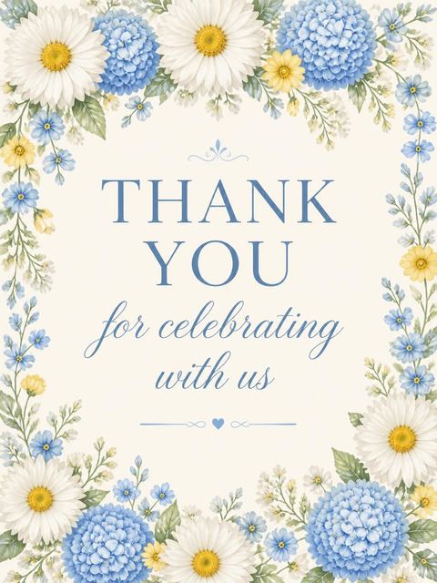 Thank-you flat in the Blue Hydrangea Daisy Bridal Shower design