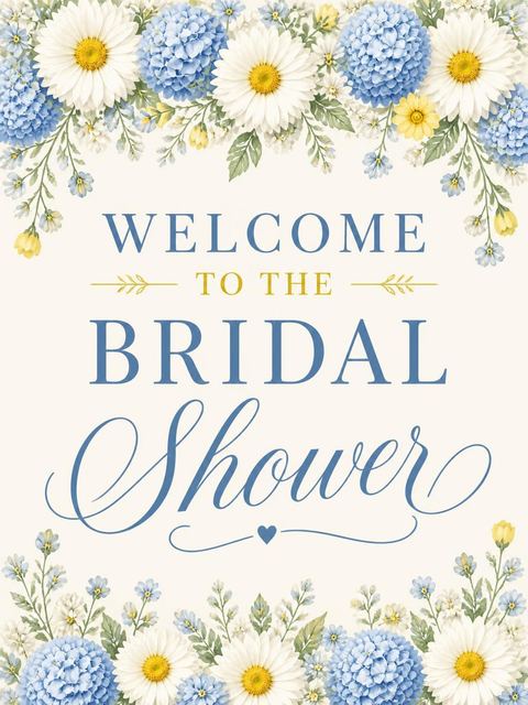 Welcome sign in the Blue Hydrangea Daisy Bridal Shower design