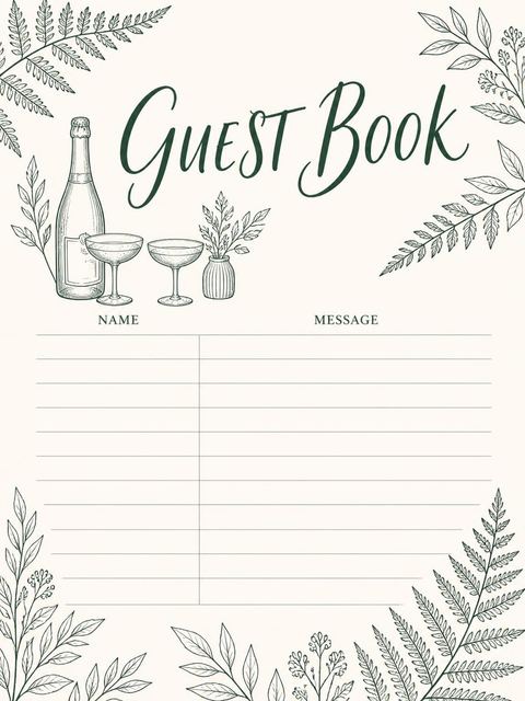 Guest sign-in sheet in the Forest Green Champagne Line-Art 50th Birthday design