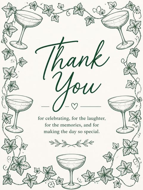 Thank-you flat in the Forest Green Champagne Line-Art 50th Birthday design