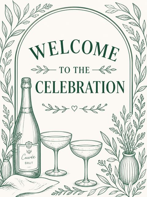 Welcome sign in the Forest Green Champagne Line-Art 50th Birthday design