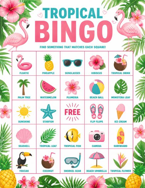 Bingo grid in the Pink Flamingo Tropical 5th Birthday Invitation design