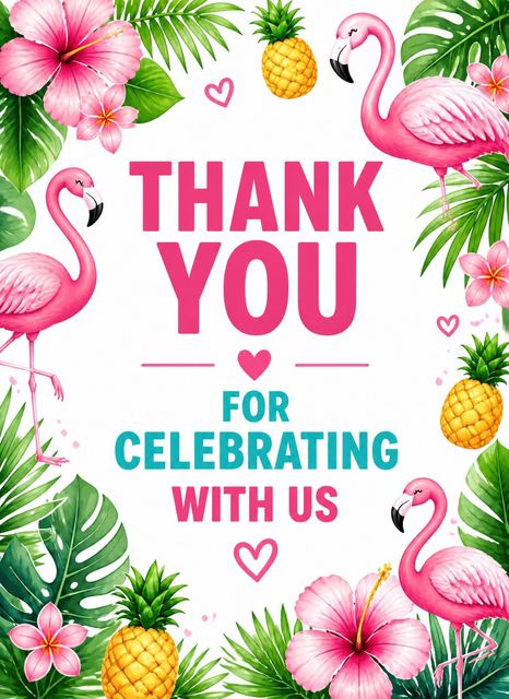 Thank-you flat in the Pink Flamingo Tropical 5th Birthday Invitation design