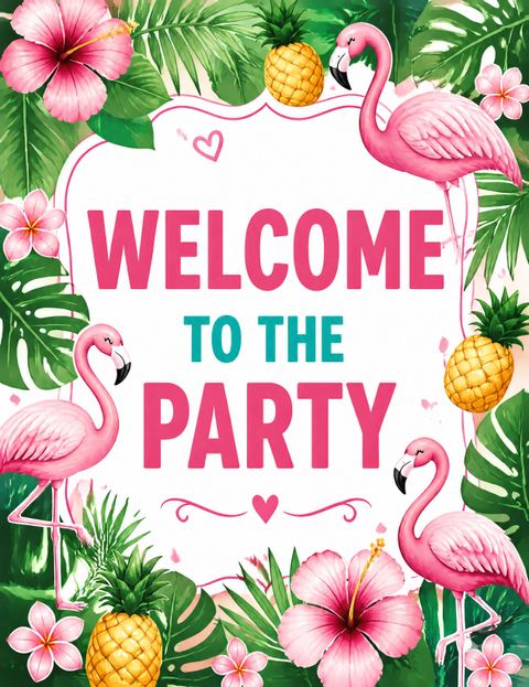 Welcome sign in the Pink Flamingo Tropical 5th Birthday Invitation design