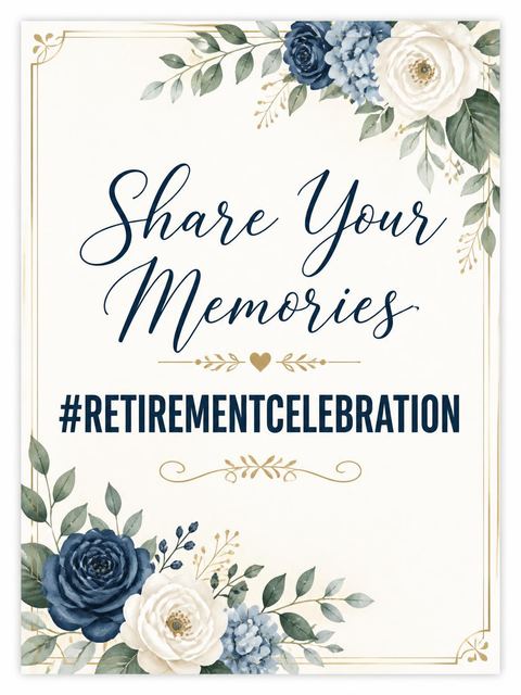 Hashtag card in the Navy Hydrangea Retirement Celebration design