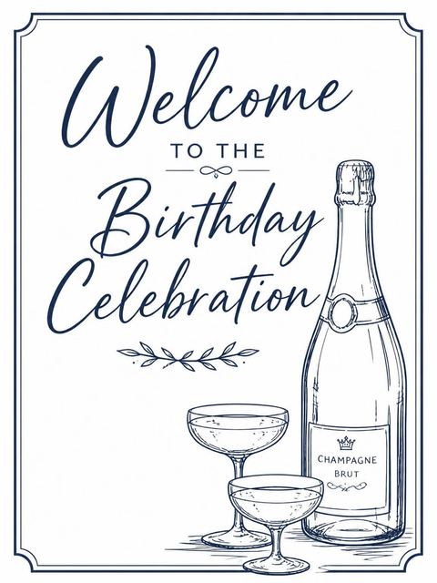 Welcome sign in the Navy Ink Champagne 70th Birthday design