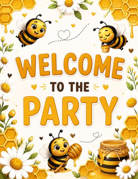 Welcome sign in the Honeybee Daisy 1st Birthday Invitation design