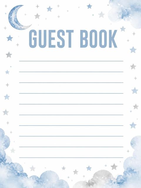 Guest sign-in sheet in the Blue Watercolor Moon 1st Birthday design