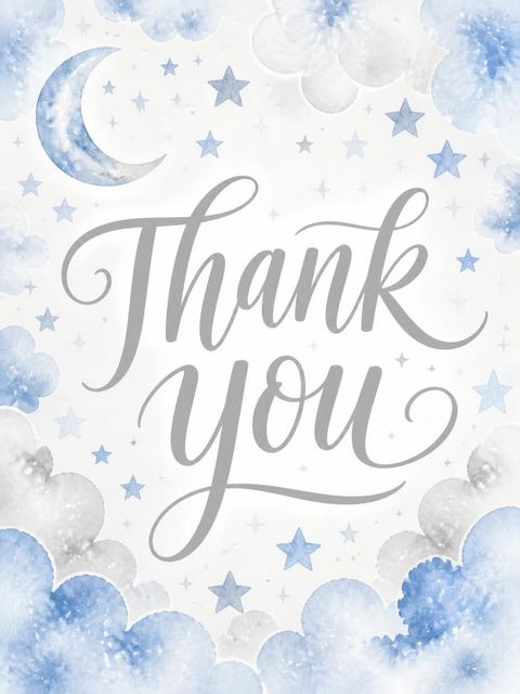 Thank-you flat in the Blue Watercolor Moon 1st Birthday design