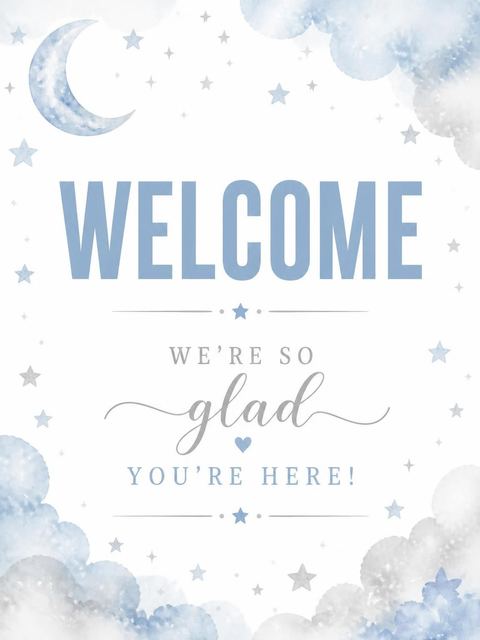 Welcome sign in the Blue Watercolor Moon 1st Birthday design