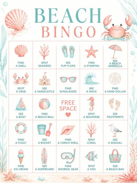Bingo grid in the Watercolor Crab Beach Party Invitation design