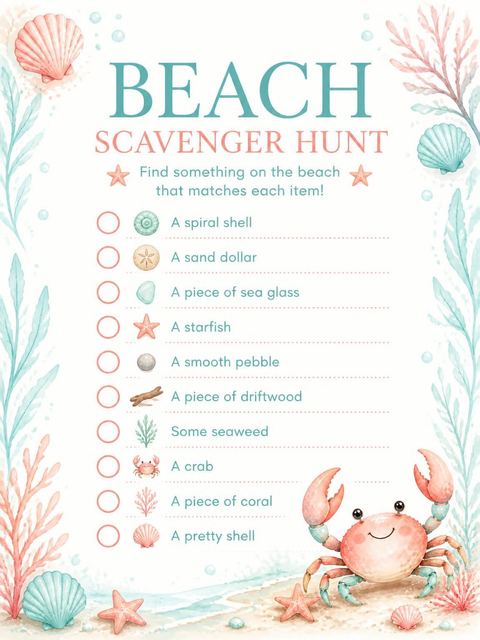 Scavenger hunt in the Watercolor Crab Beach Party Invitation design